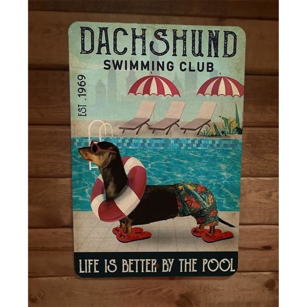 Dachshund Swimming Club Dog‎ 8x12 Metal Wall Sign Animal Poster